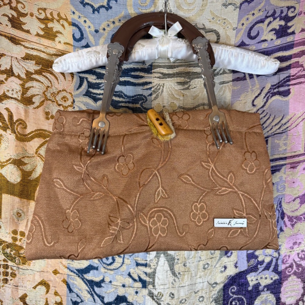 Quirky Repurposed Fork Handle Brown Tapestry Hand Bag 15 X 8.5 Artsy Unique Boho
